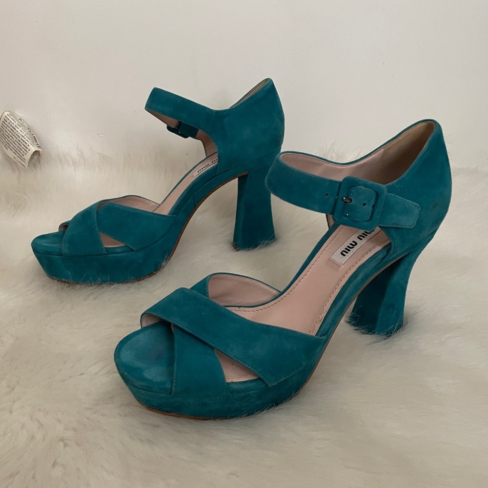 Miu Miu Teal Suede Women's Chunky Heels